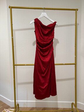 Deep Red Silk Staud off shoulder dress